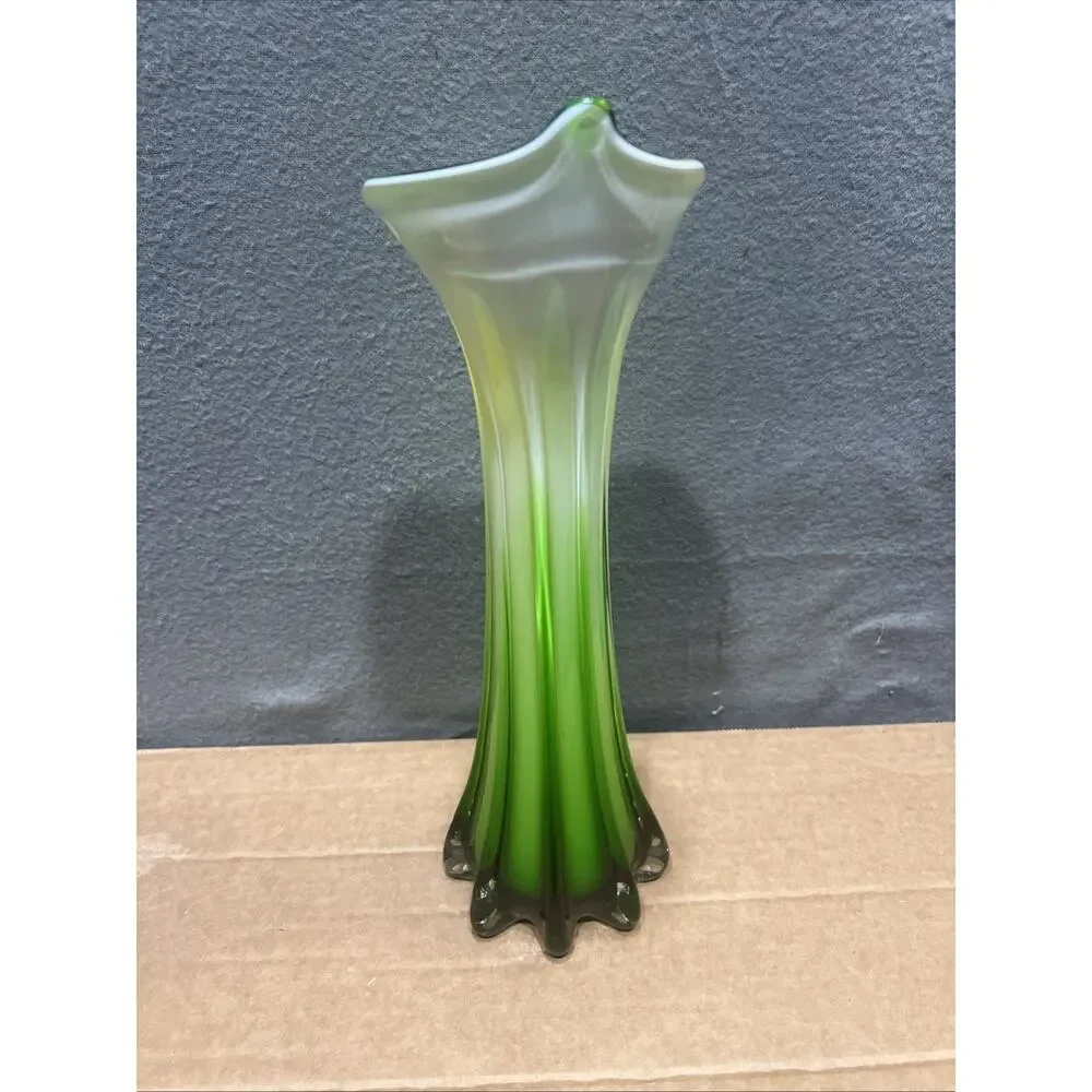 Pier 1 Imports Yellow Green White Hand Blown Glass Tulip Vase 11.75